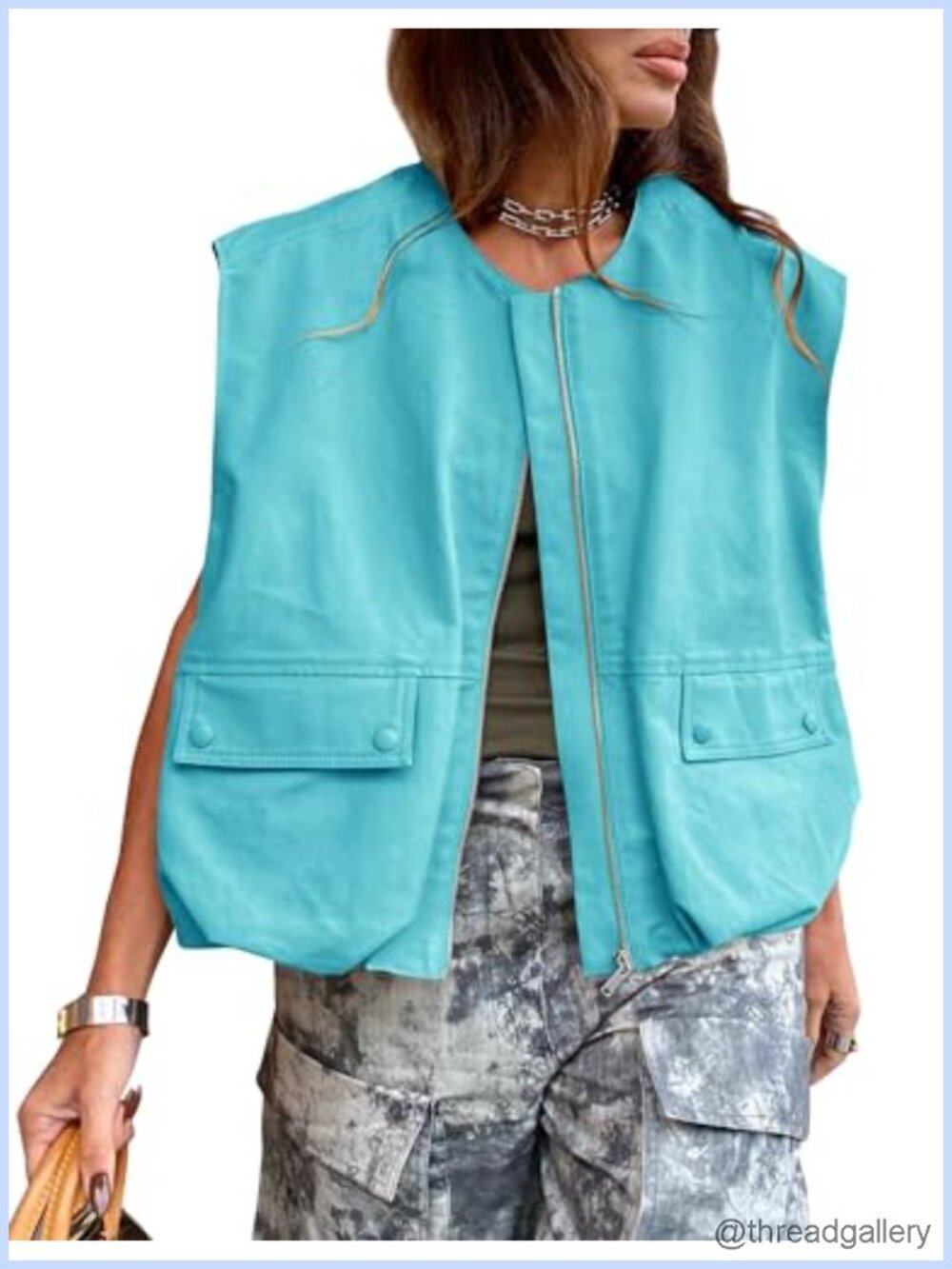 Womens Zip Up Cargo Vest Sleeveless Oversized Ruched Hem Utility Suit Vest